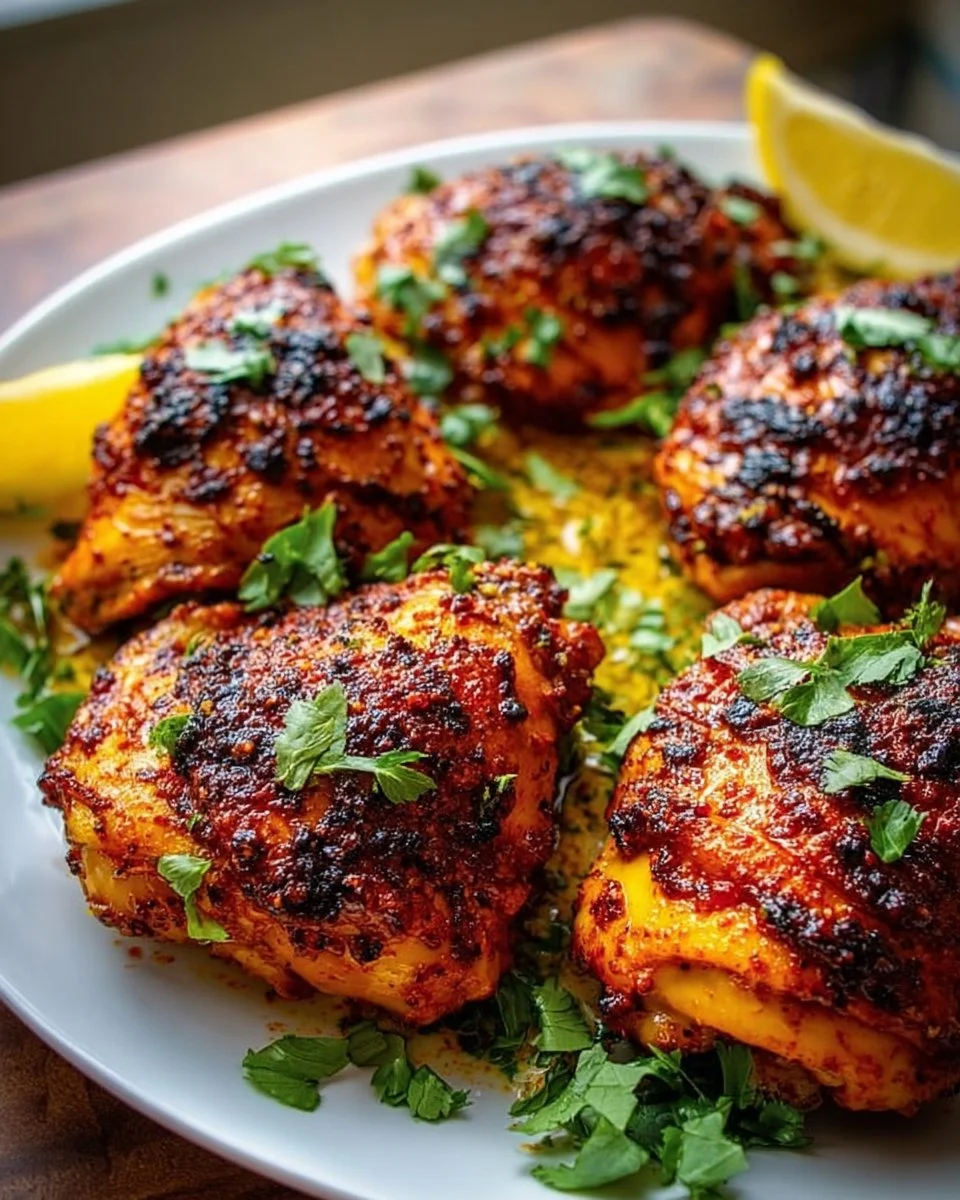 Plate of spicy Harissa Chicken garnished with herbs