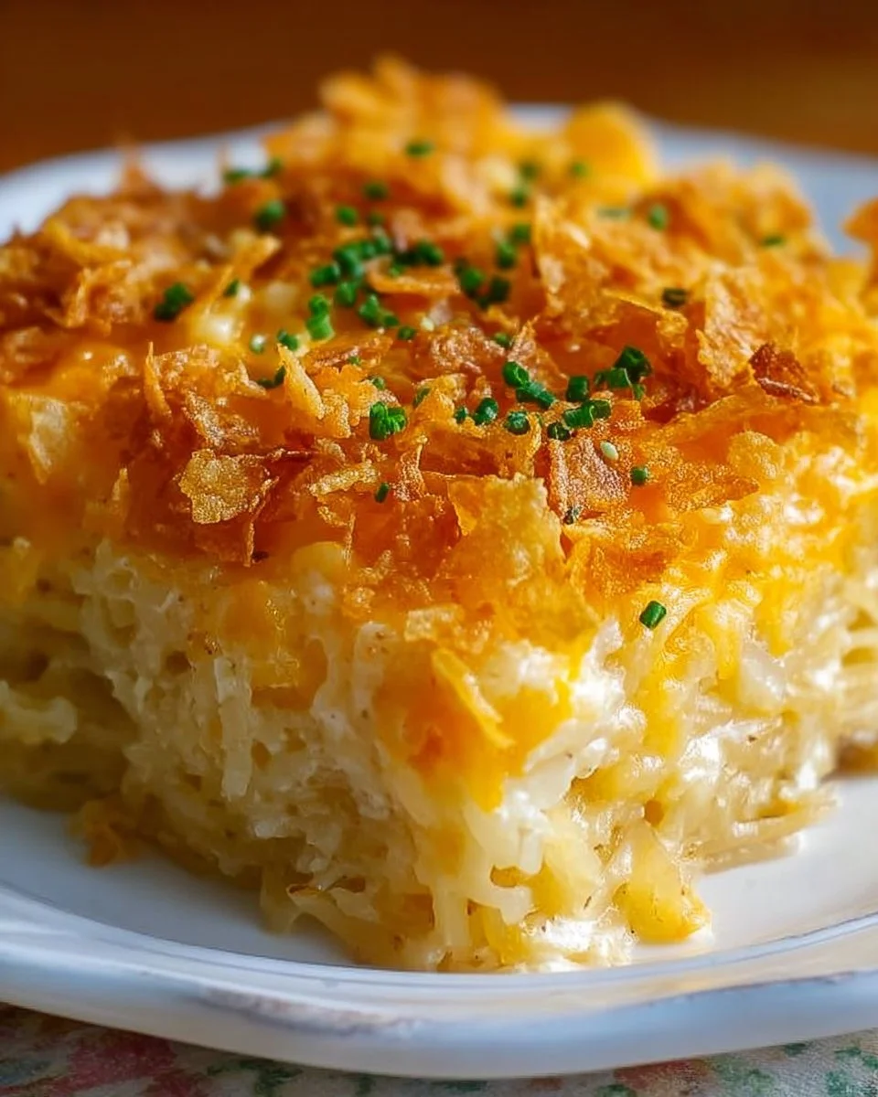 Delicious hashbrown casserole topped with cheese and crispy edges