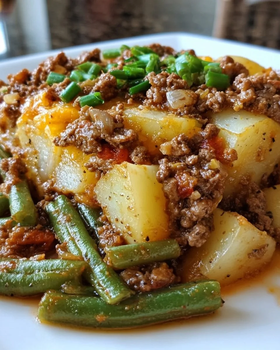 A hearty Hobo Casserole with Ground Beef, potatoes, and vegetables baked to perfection.