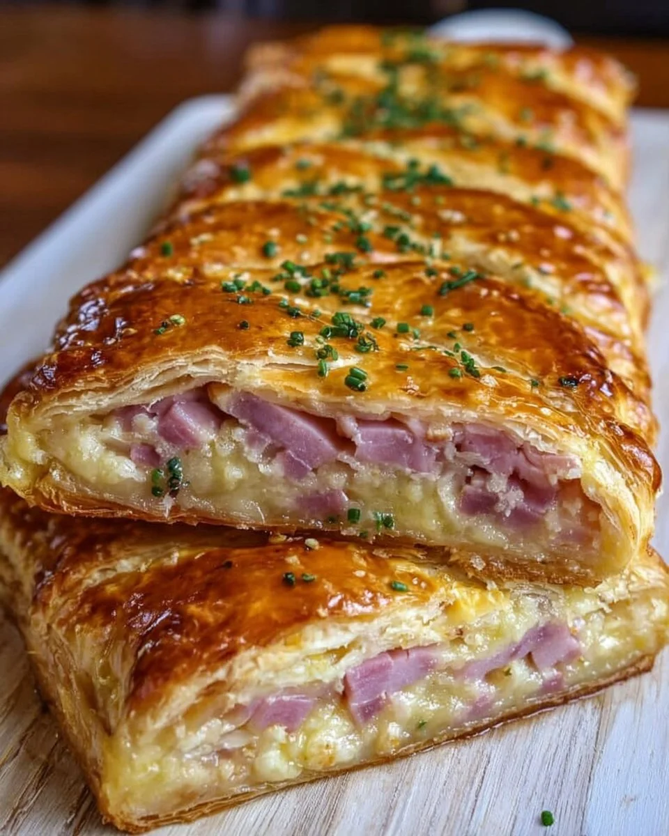 Delicious homemade Flat Ham Pie served on a wooden table.
