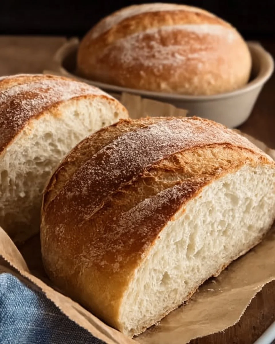 Homemade no-knead sandwich bread fresh out of the oven.