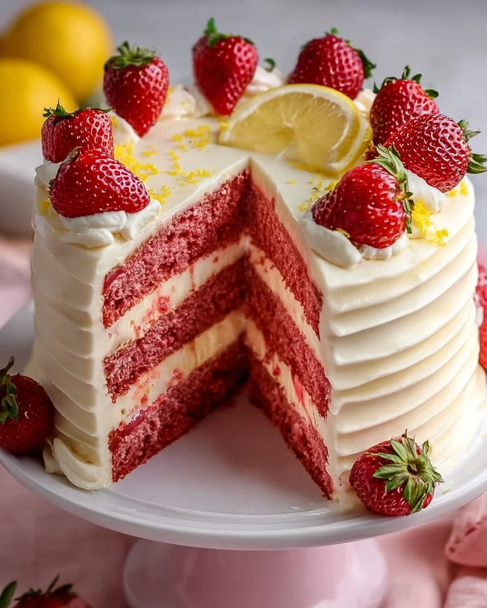 Homemade strawberry cake with lemon frosting on a decorative plate