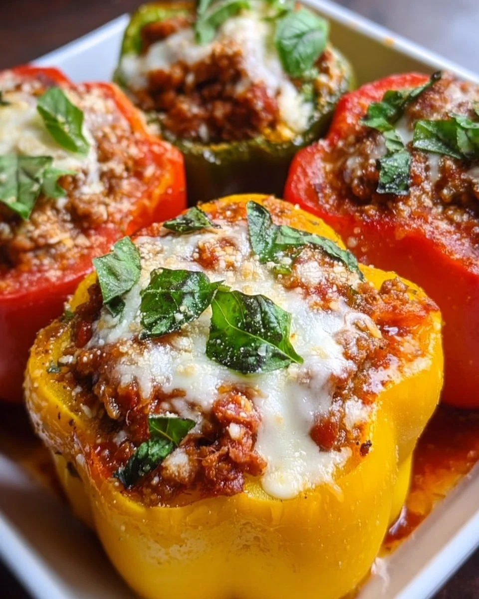 Low Carb Lasagna Stuffed Peppers filled with cheese, meat, and herbs.