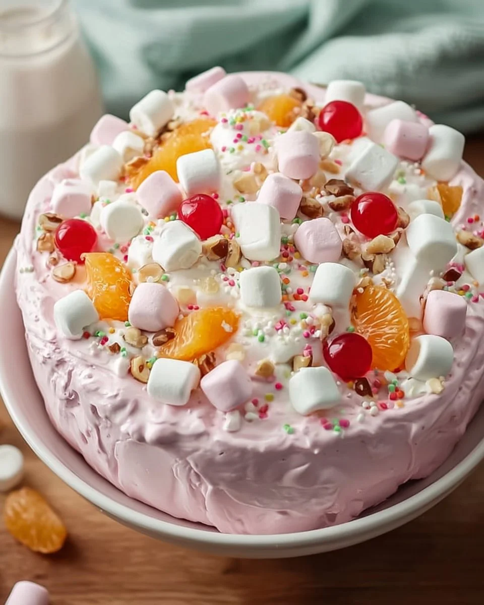 Colorful Marshmallow Easter Fluff Salad topped with fruit and whipped cream