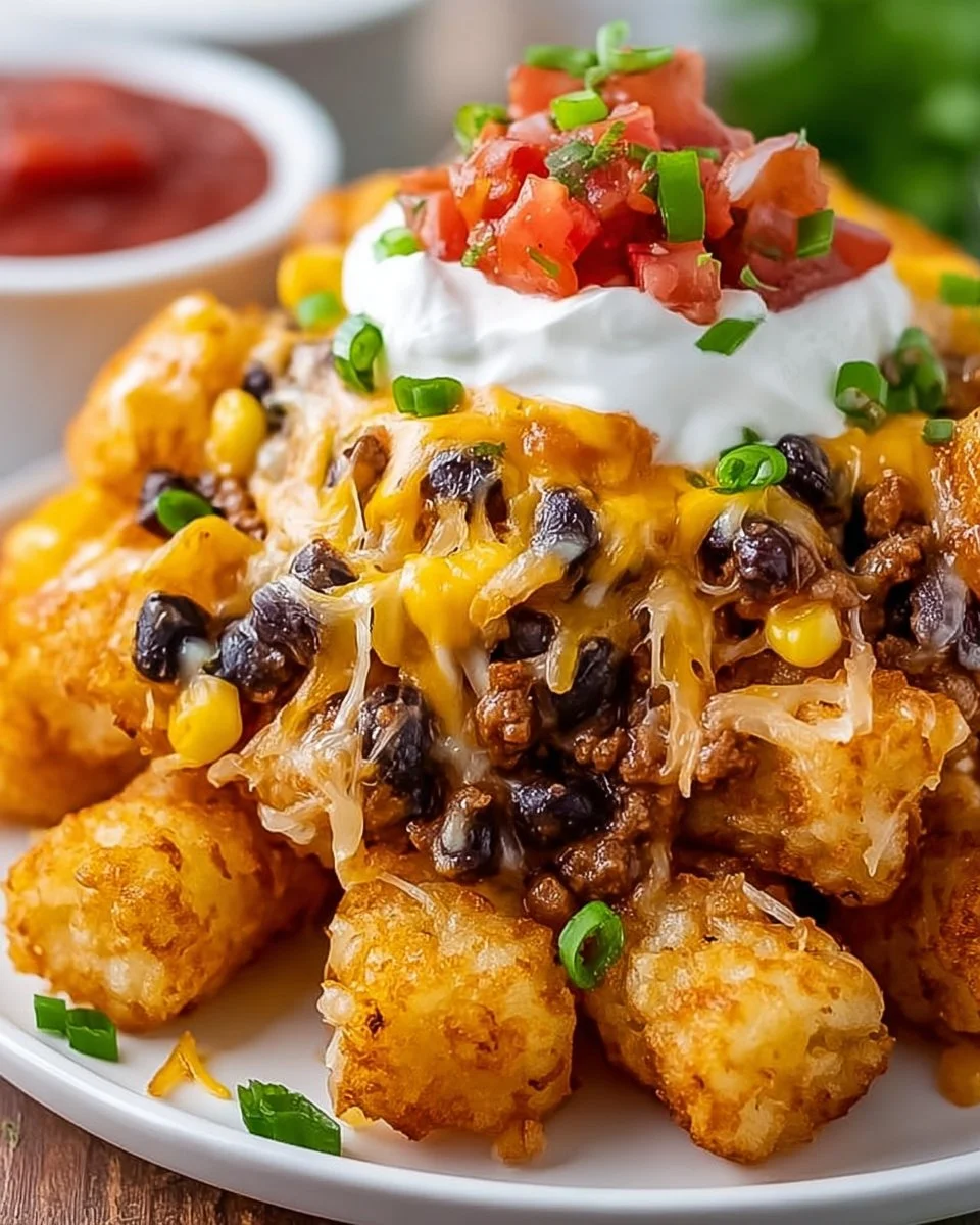 Delicious Mexican Tater Tot Casserole topped with cheese and spices