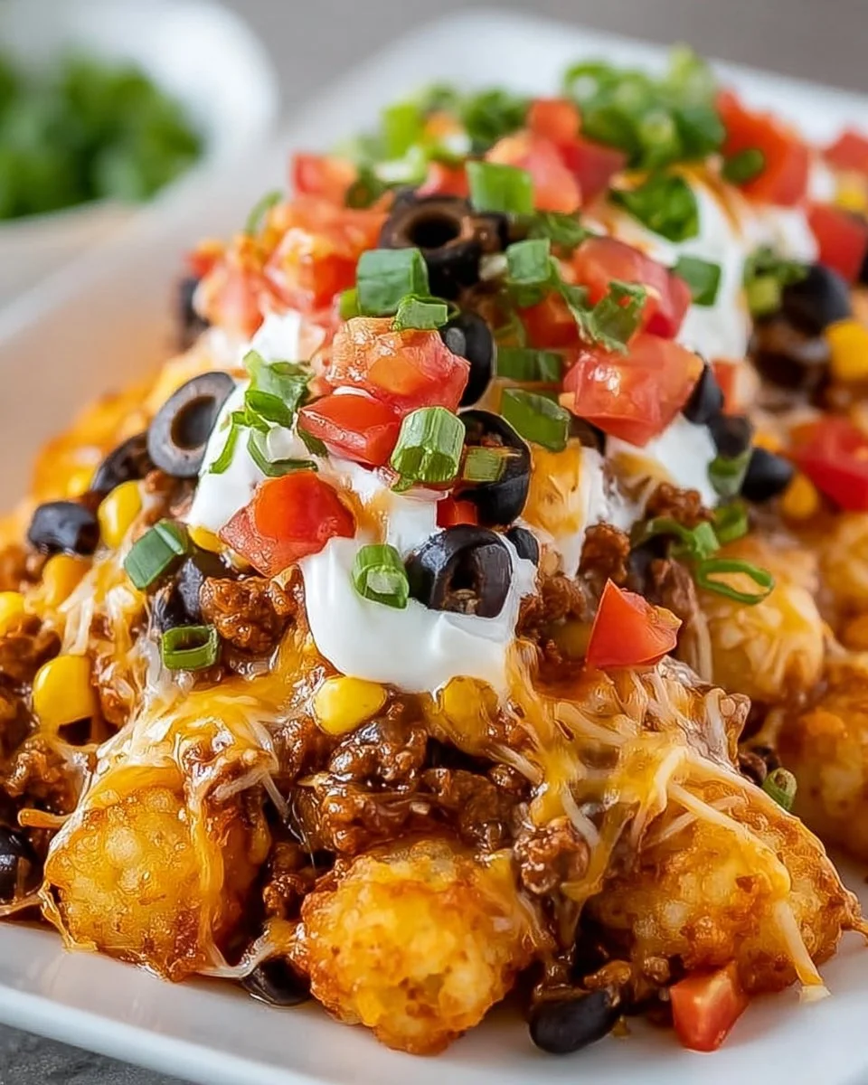 Delicious Mexican Tater Tot Casserole topped with cheese and spices