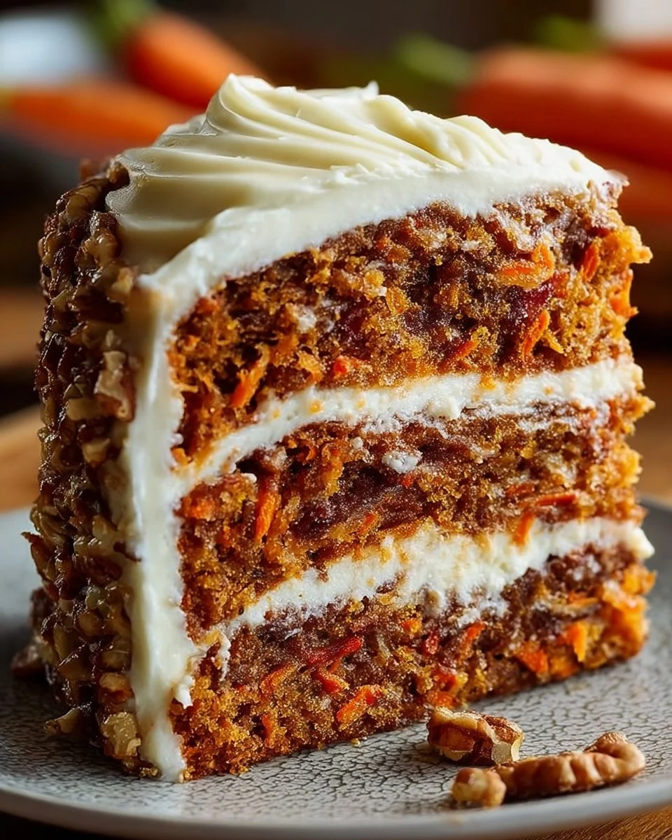 Freshly baked moist homemade carrot cake with cream cheese frosting