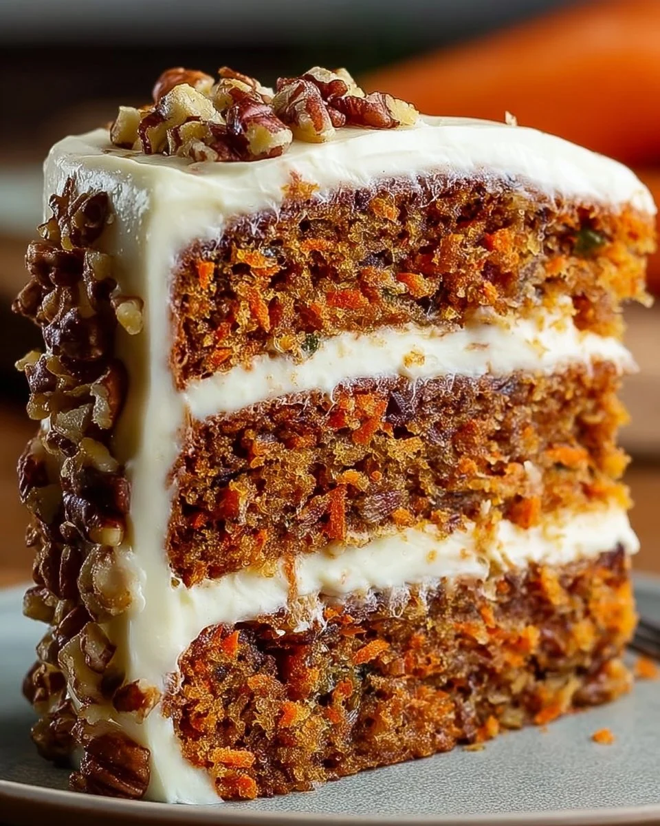 Moist homemade carrot cake with cream cheese frosting on a plate