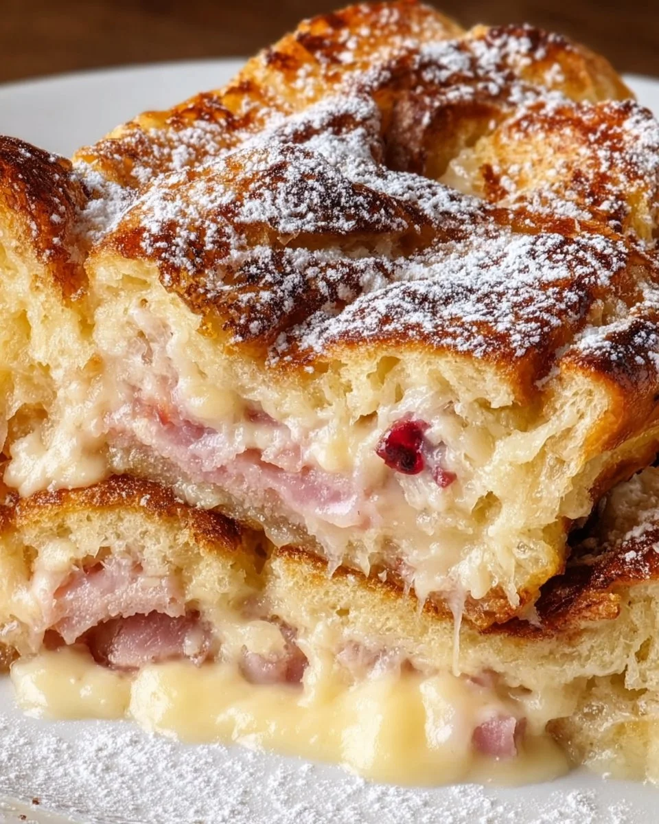 Monte Cristo Casserole baked with croissants, cheese, and ham, perfect for brunch.