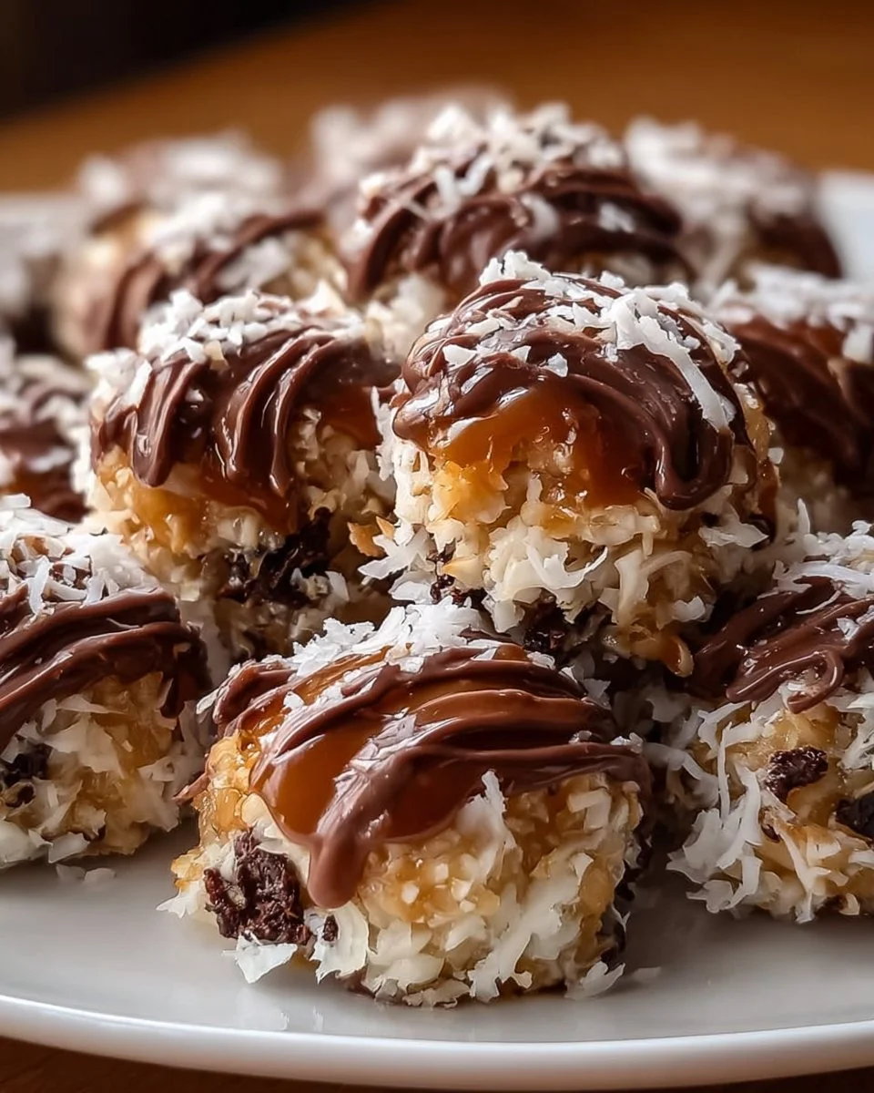 Delicious no-bake Samoa Cookie Bites topped with chocolate and coconut