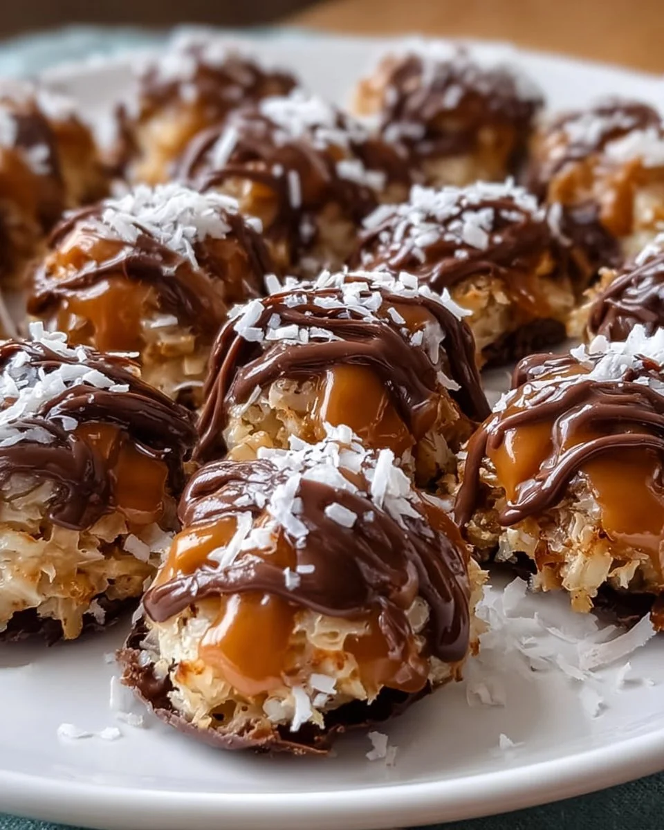 Delicious no-bake Samoa Cookie Bites topped with caramel and chocolate.