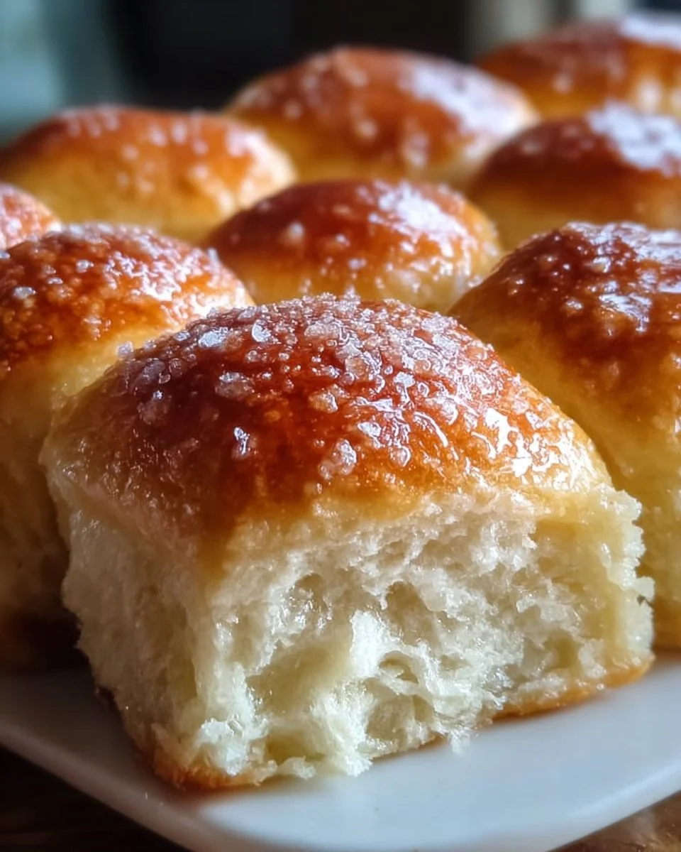 Freshly baked no-knead buttermilk dinner rolls on a wooden table