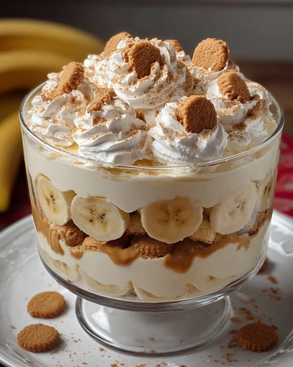 Delicious Nutter Butter Trifle dessert with layers of cookies and cream