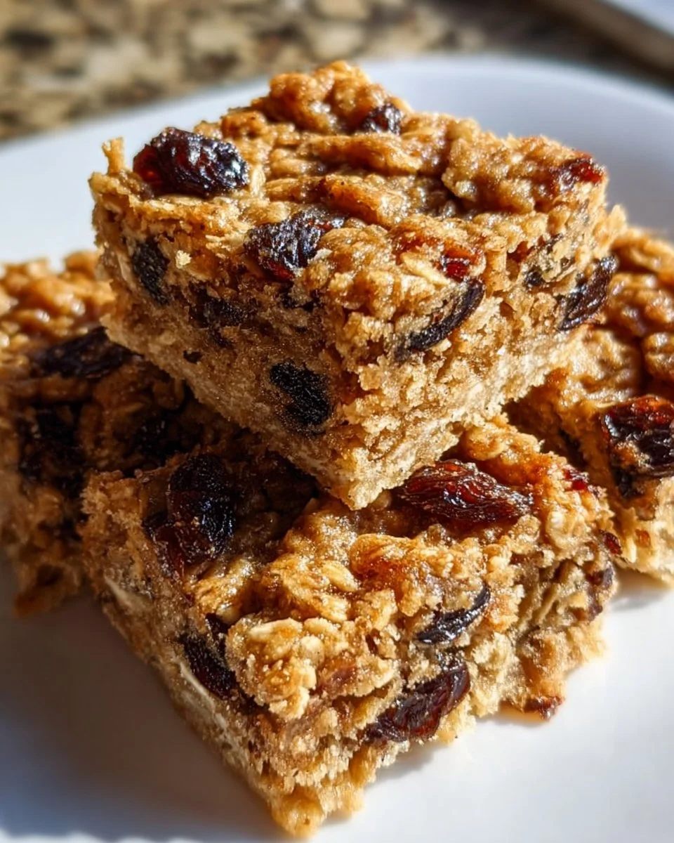 Chewy oatmeal raisin bars loaded with sweet raisins and hearty oats
