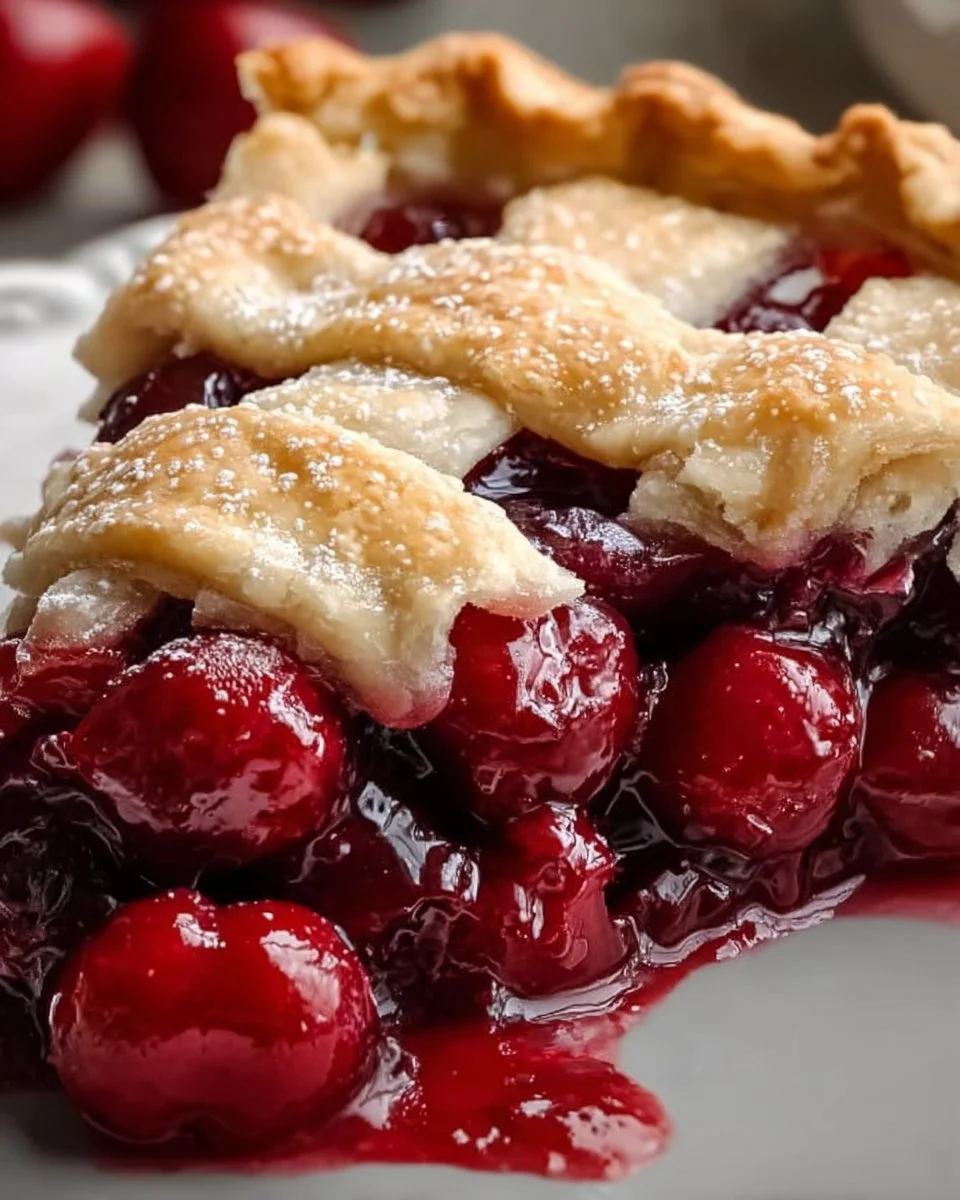 Slice of Old-Fashioned Poor Man’s Cherry Pie with a flaky crust and cherry filling