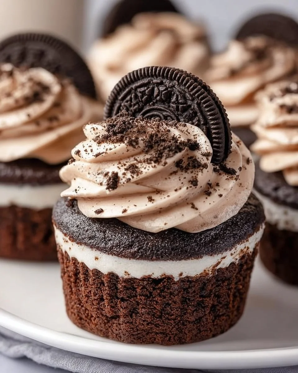 Decadent Oreo cupcakes topped with cream and cookie crumbles.