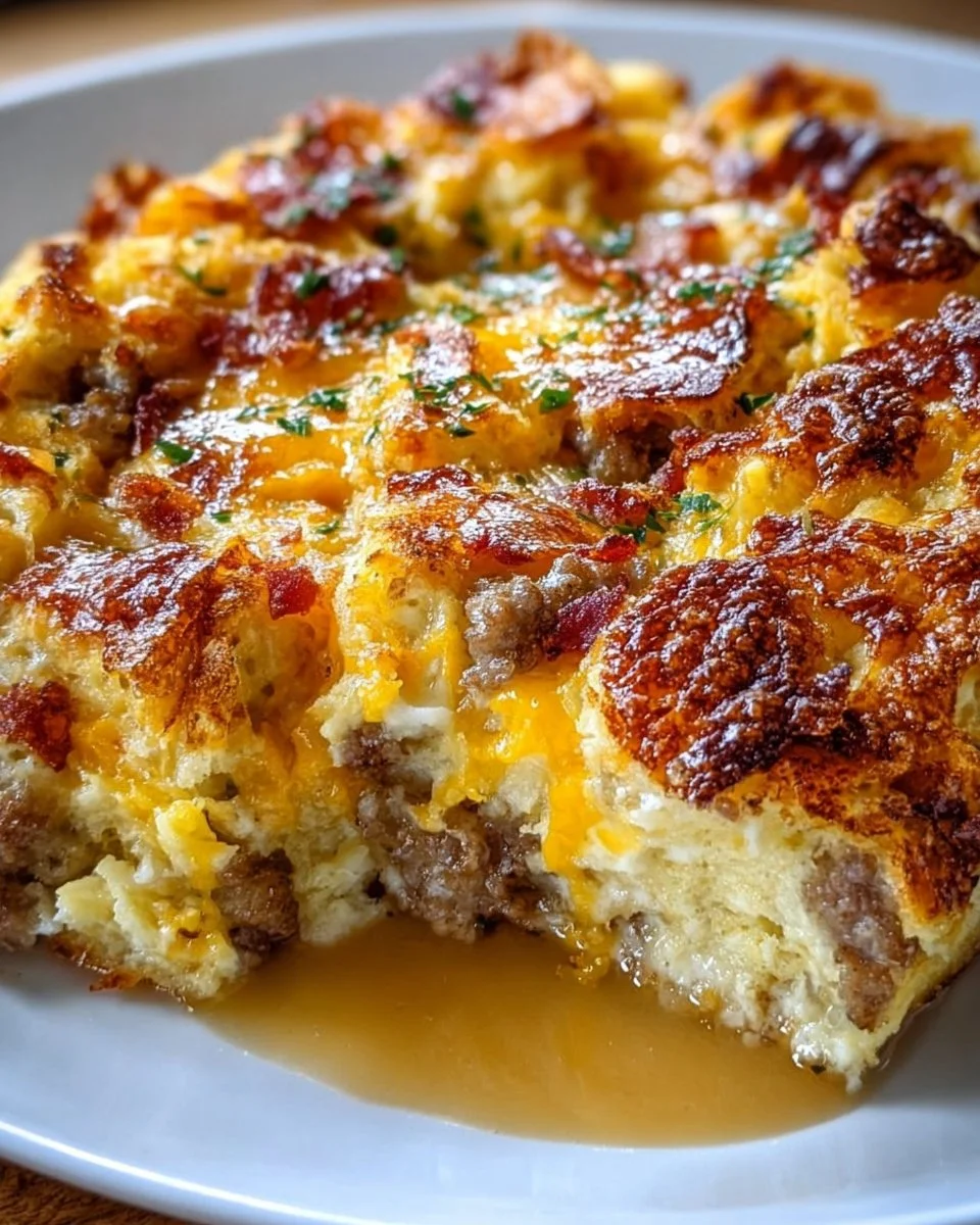 Overnight croissant breakfast casserole topped with rich gravy, ready to serve.