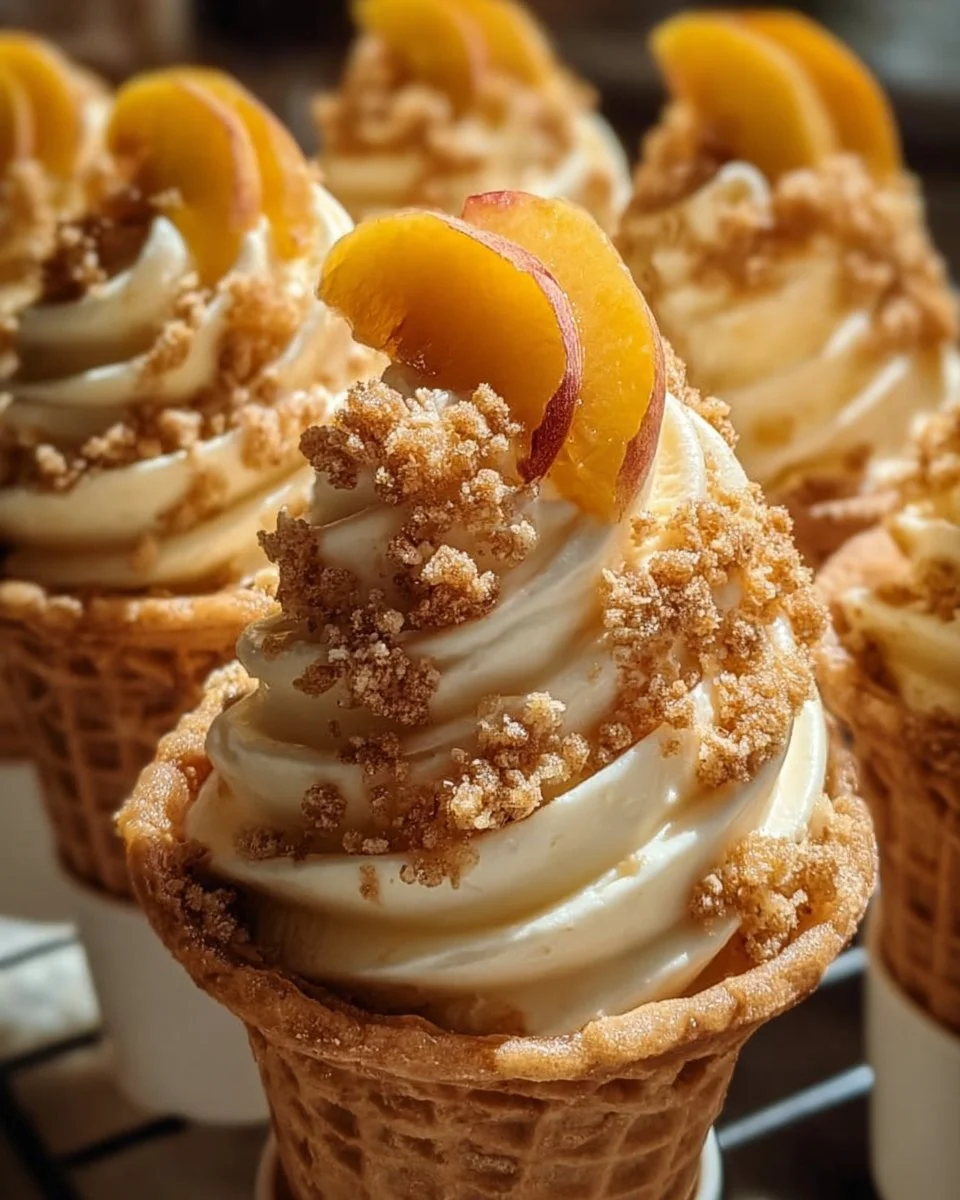 Delicious peach cobbler cheesecake cones served in a crispy cone