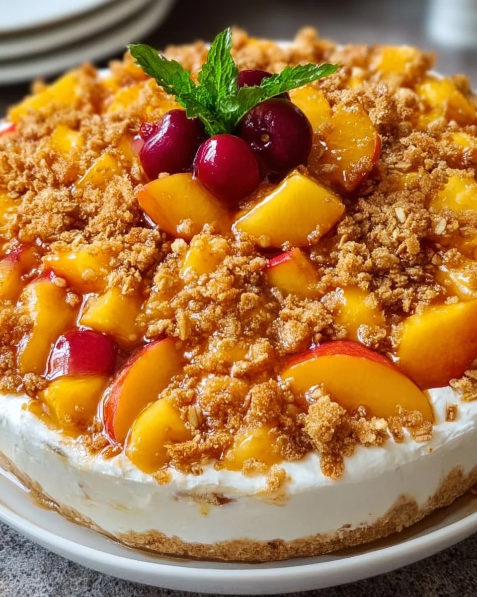 Peach Cobbler Cheesecake Fruit Salad with fresh peaches and creamy cheesecake