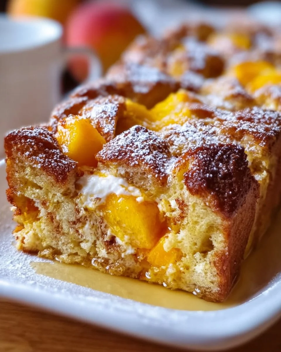 Peaches and Cream Baked French Toast topped with fresh peaches and creamy texture.