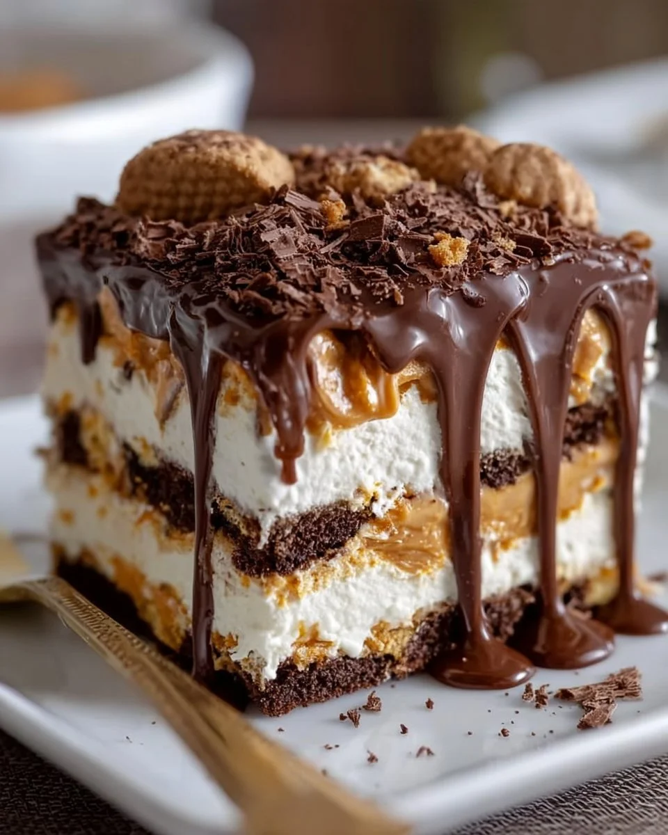 Delicious Peanut Butter Icebox Cake with chocolate and peanut butter layers