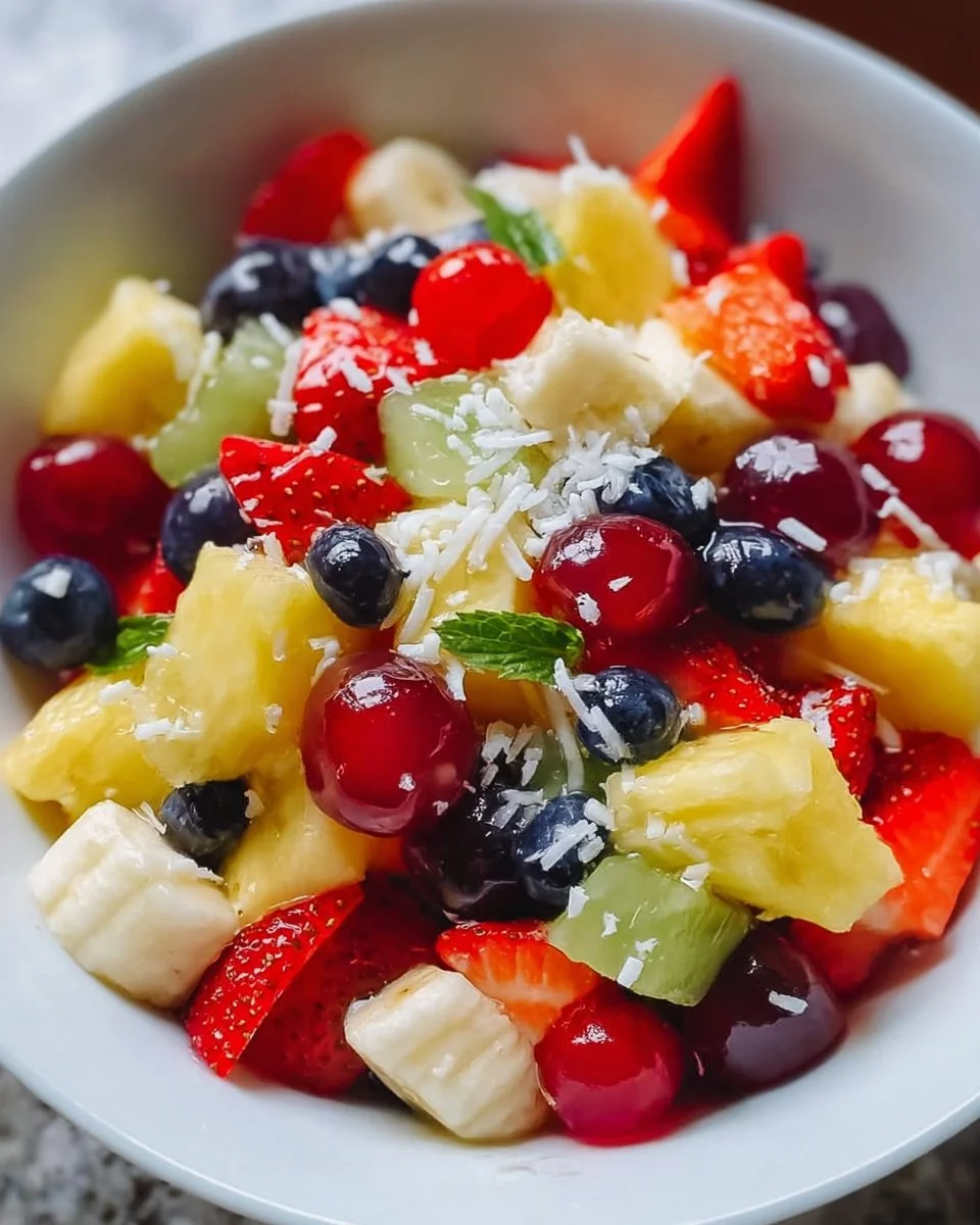 Colorful Pina Colada Fruit Salad with pineapple, coconut, and fresh fruits