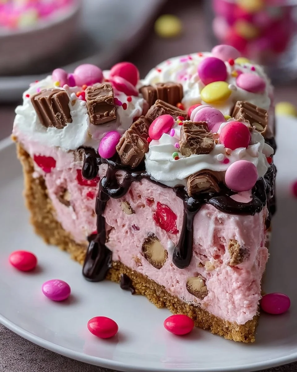 Delicious Pink M&M Snickers Cheesecake topped with colorful candies