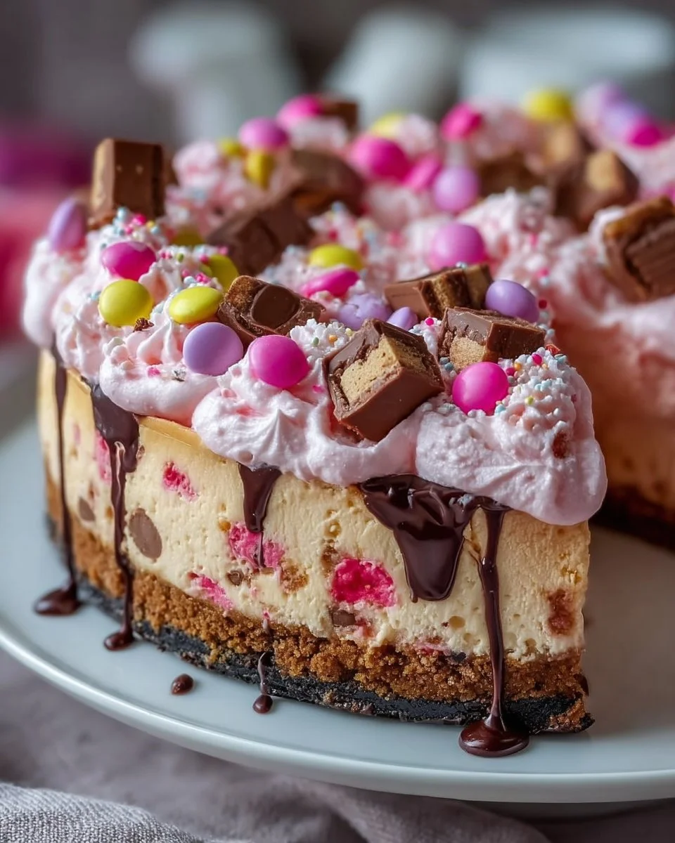 Delicious Pink M&M Snickers Cheesecake with colorful toppings