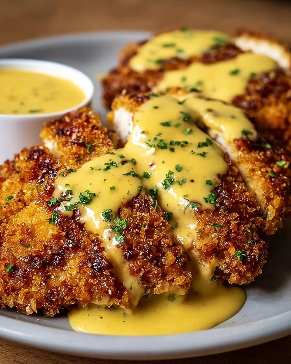 Pretzel-Crusted Chicken served with creamy mustard cheddar sauce
