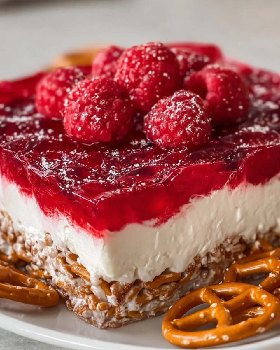 Delicious Raspberry Pretzel Jello Salad in a glass dish