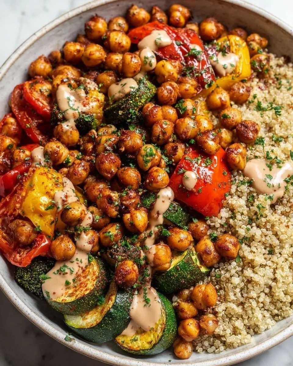 Delicious roasted chickpea and veggie bowl loaded with colorful vegetables