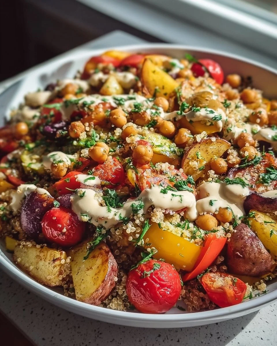 Roasted Potato, Spiced Chickpea and Vegetable Quinoa Salad with Vegan Dressing