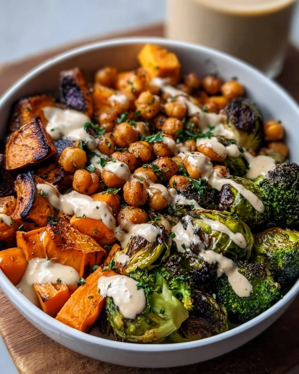 Roasted vegetable and chickpea bowl topped with maple Dijon tahini dressing