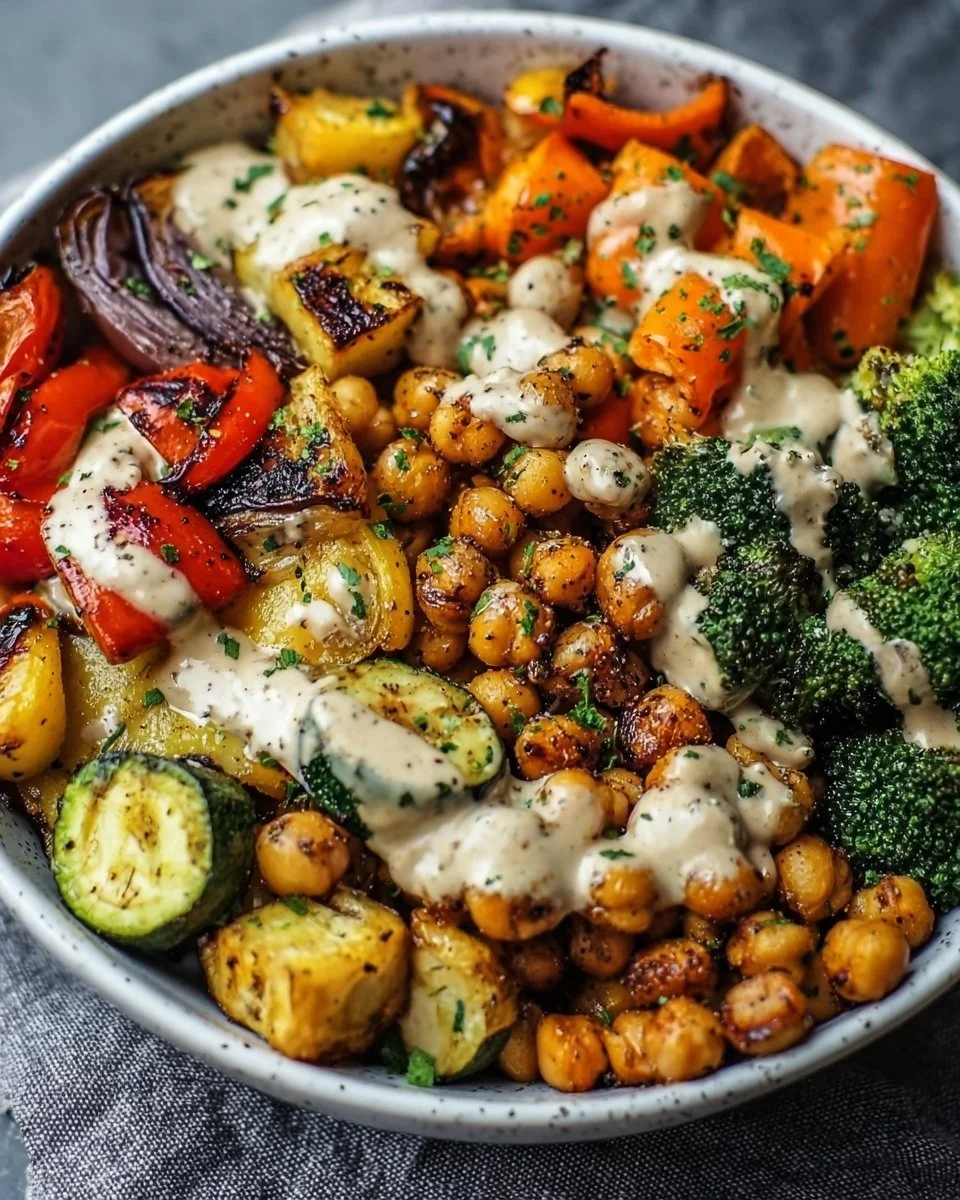 Roasted Vegetable and Chickpea Bowl with vibrant veggies and chickpeas