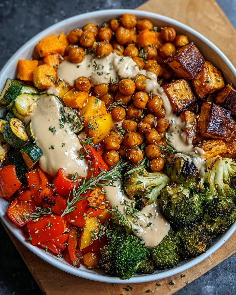 Colorful roasted veggie bowl with a variety of seasonal vegetables