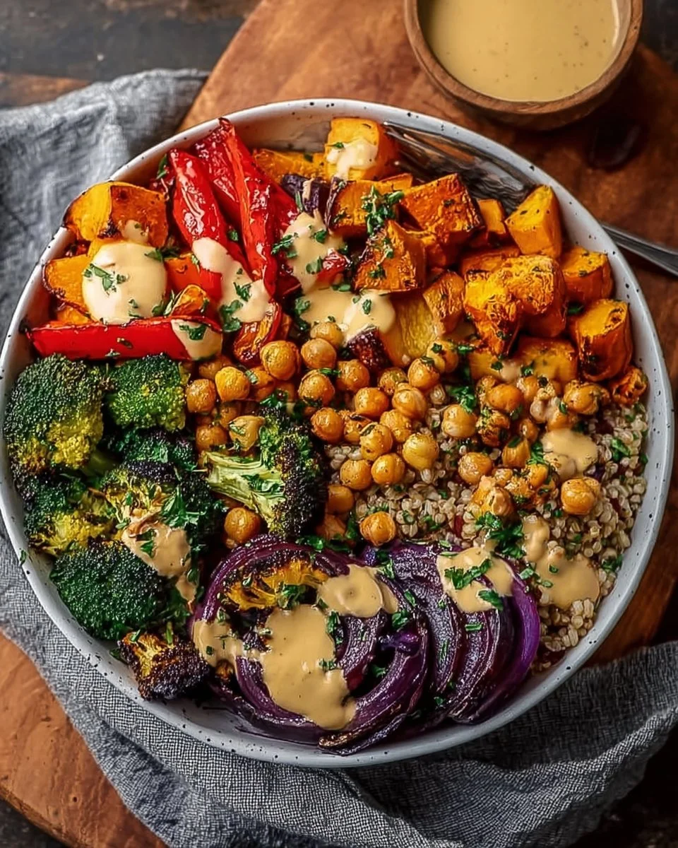 Delicious roasted veggie and chickpea bowl topped with maple Dijon tahini dressing