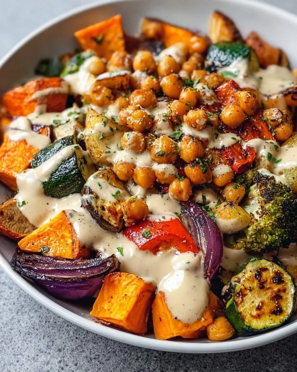 Roasted veggie and chickpea bowl topped with maple dijon tahini dressing