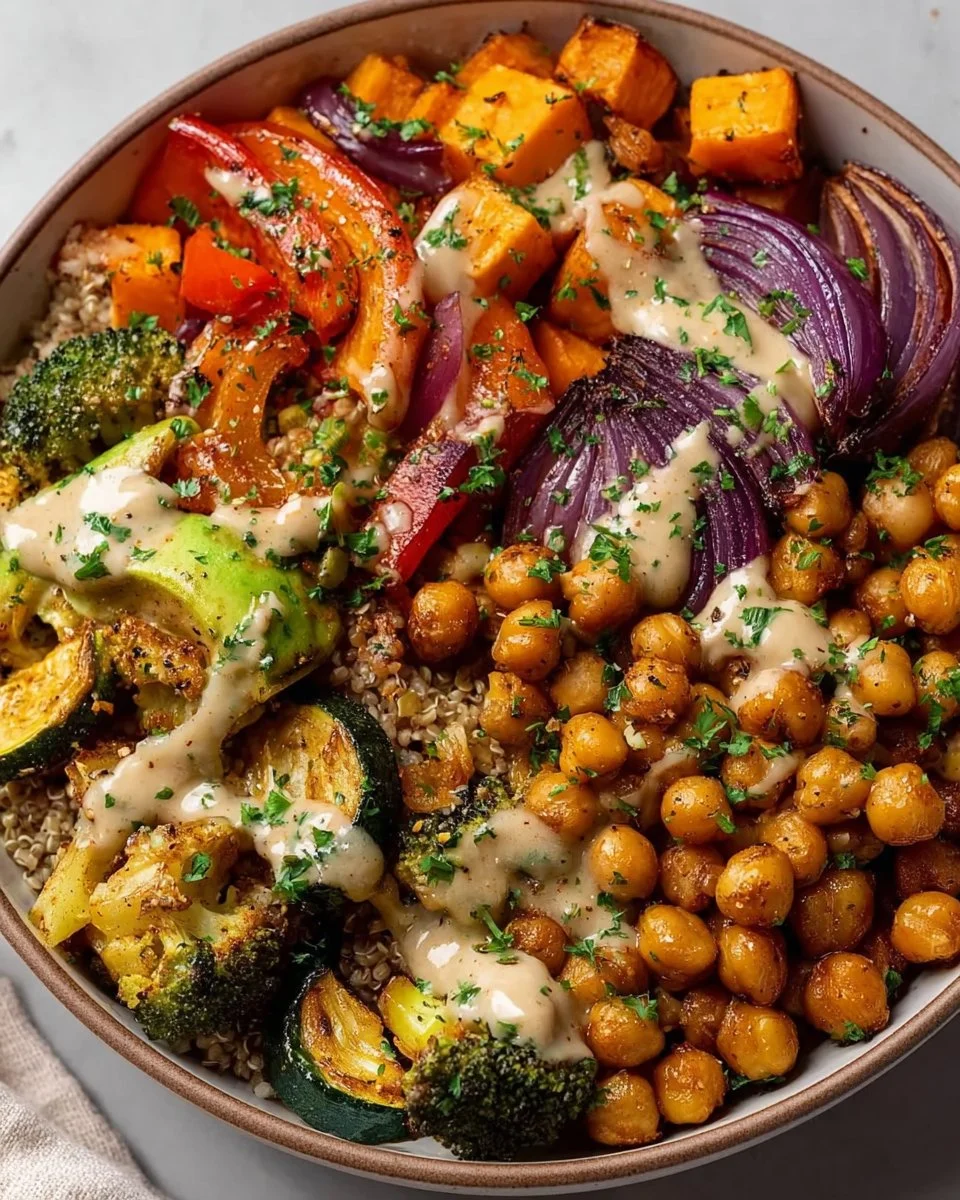 Roasted veggie and chickpea bowl with maple dijon tahini dressing
