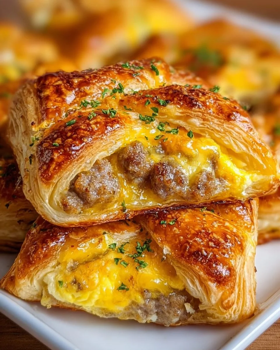 Golden sausage, egg and cheese breakfast puffs on a plate