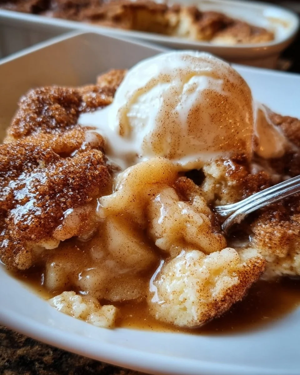 Delicious homemade snickerdoodle cobbler served warm with cinnamon topping.