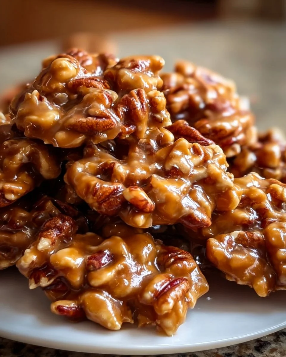 Delicious soft caramel pecan clusters showcasing rich caramel and crunchy pecans.