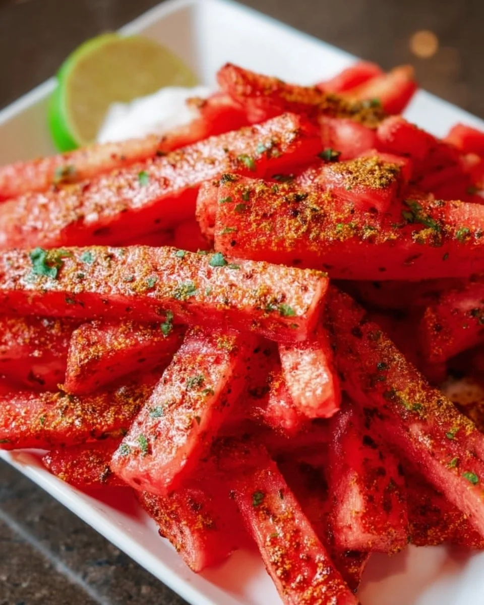 Spicy watermelon fries garnished with herbs and spices served on a plate.