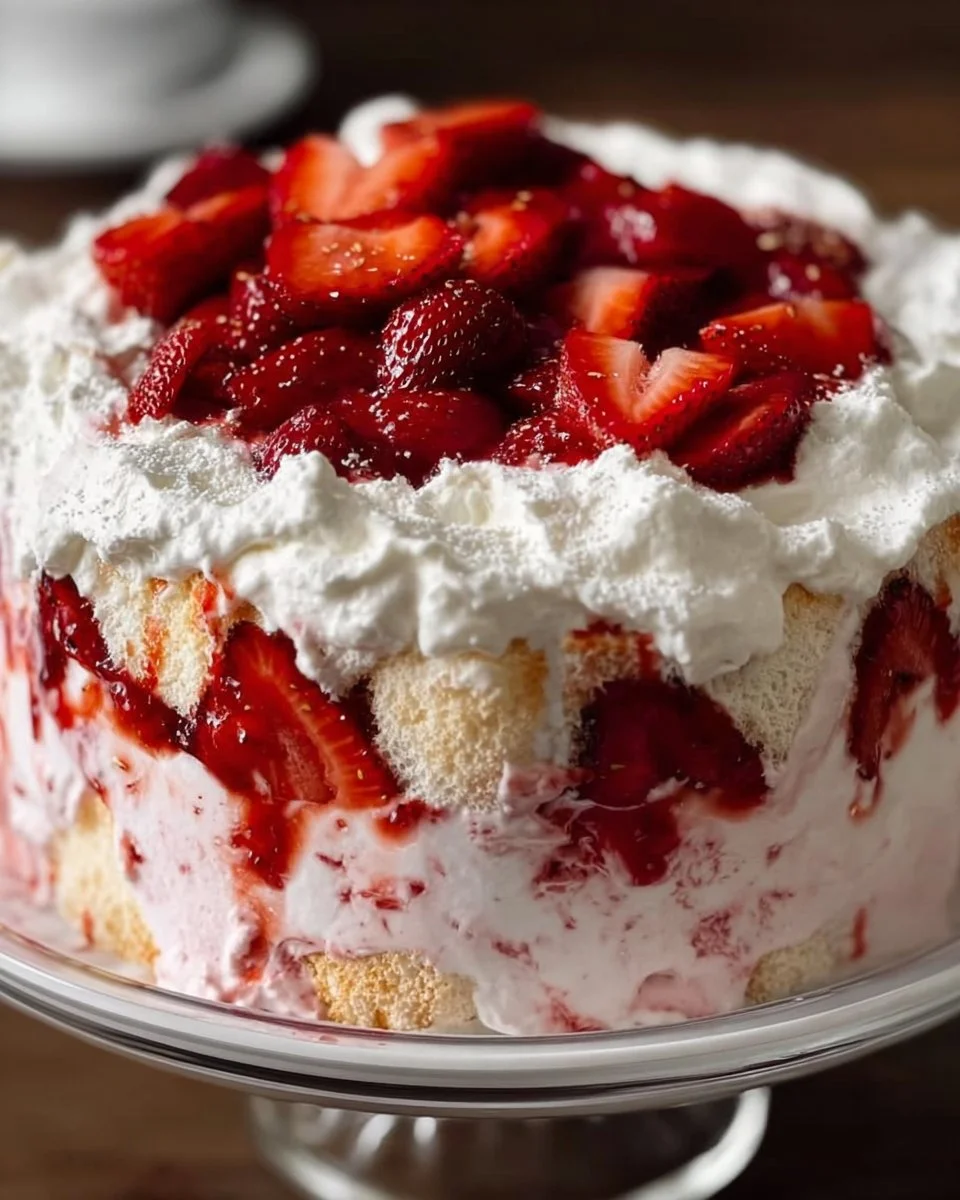 Delicious Strawberry Angel Fluff dessert in a bowl, topped with fresh strawberries.