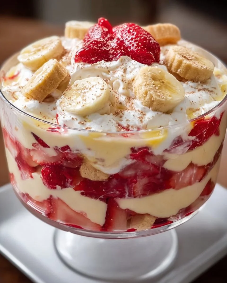 Delicious strawberry banana pudding in a glass topped with fresh fruit