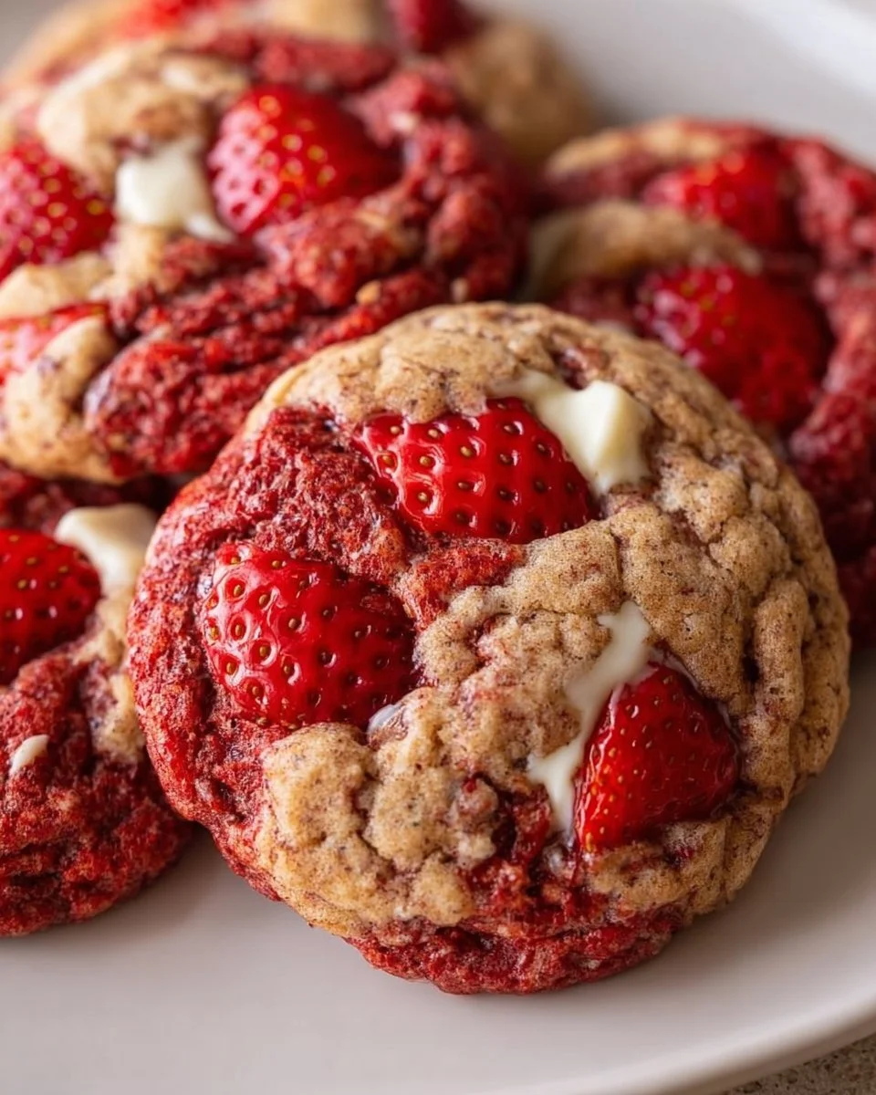 Freshly baked strawberry cookies on a cooling rack