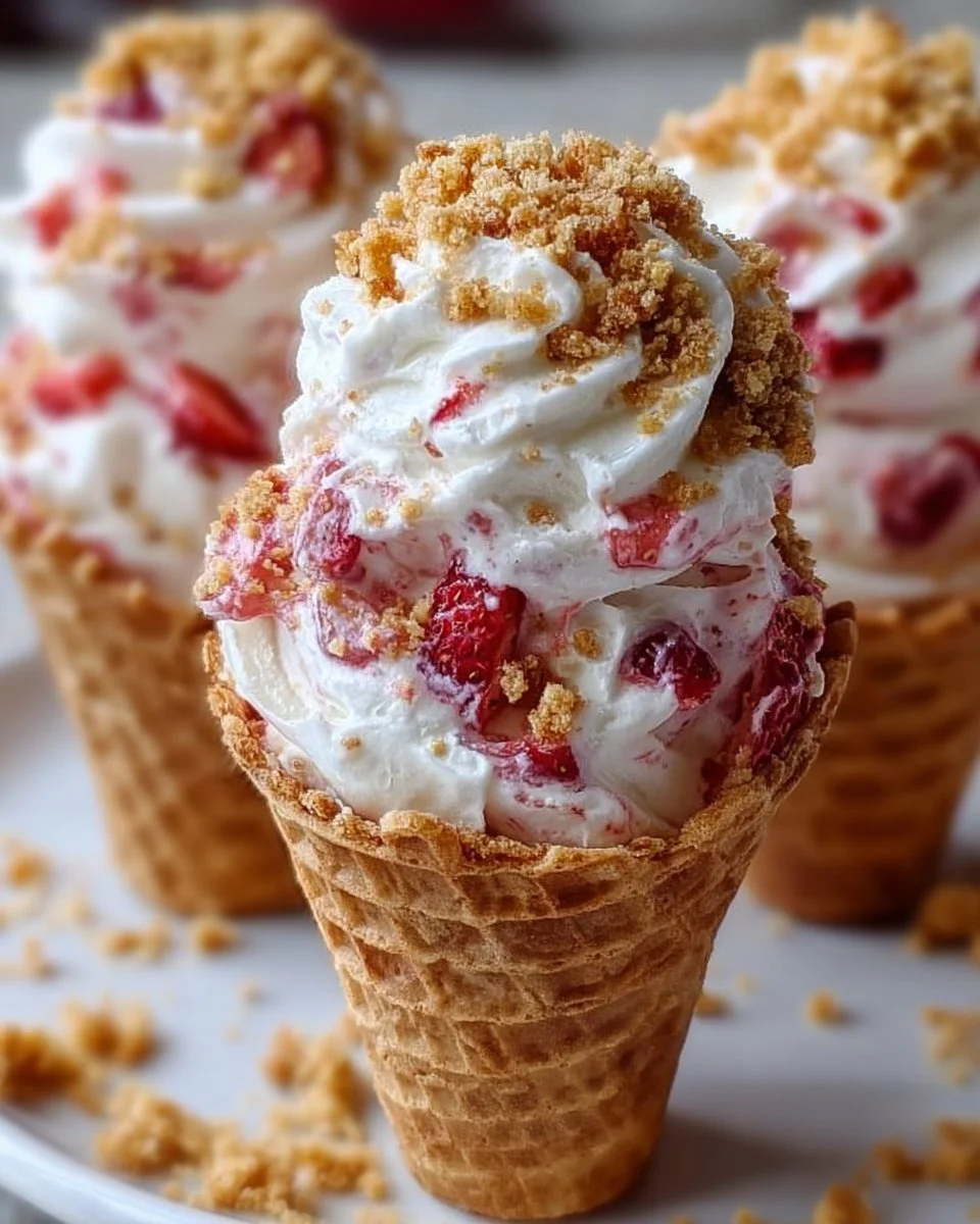 A delicious strawberry crunch cheesecake cone topped with crispy strawberry bits.