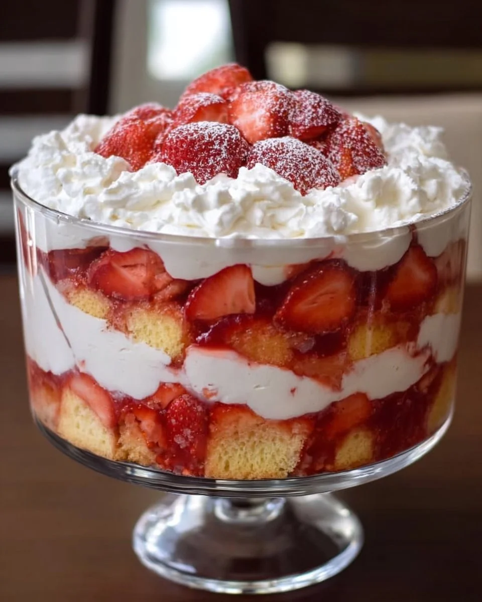 Delicious strawberry shortcake trifle with layers of strawberries and cream