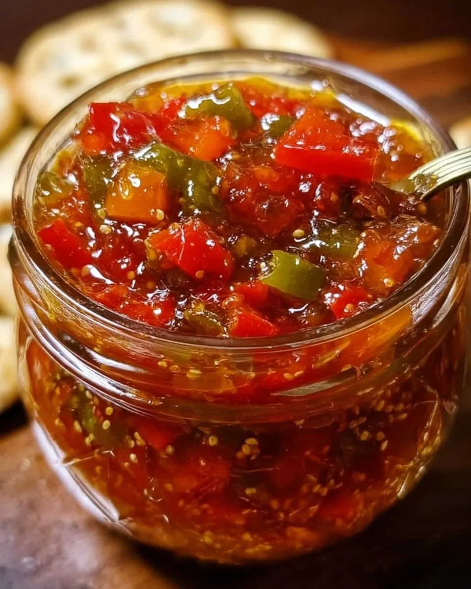 Jar of sugar-free pepper jam with fresh peppers on a wooden table