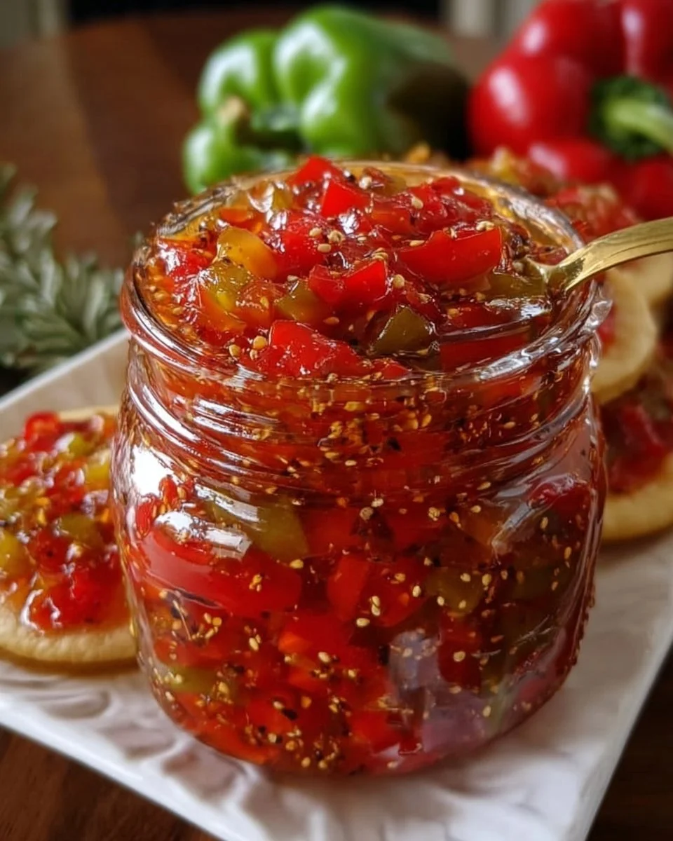 Homemade sugar-free pepper jam in a jar with fresh peppers.