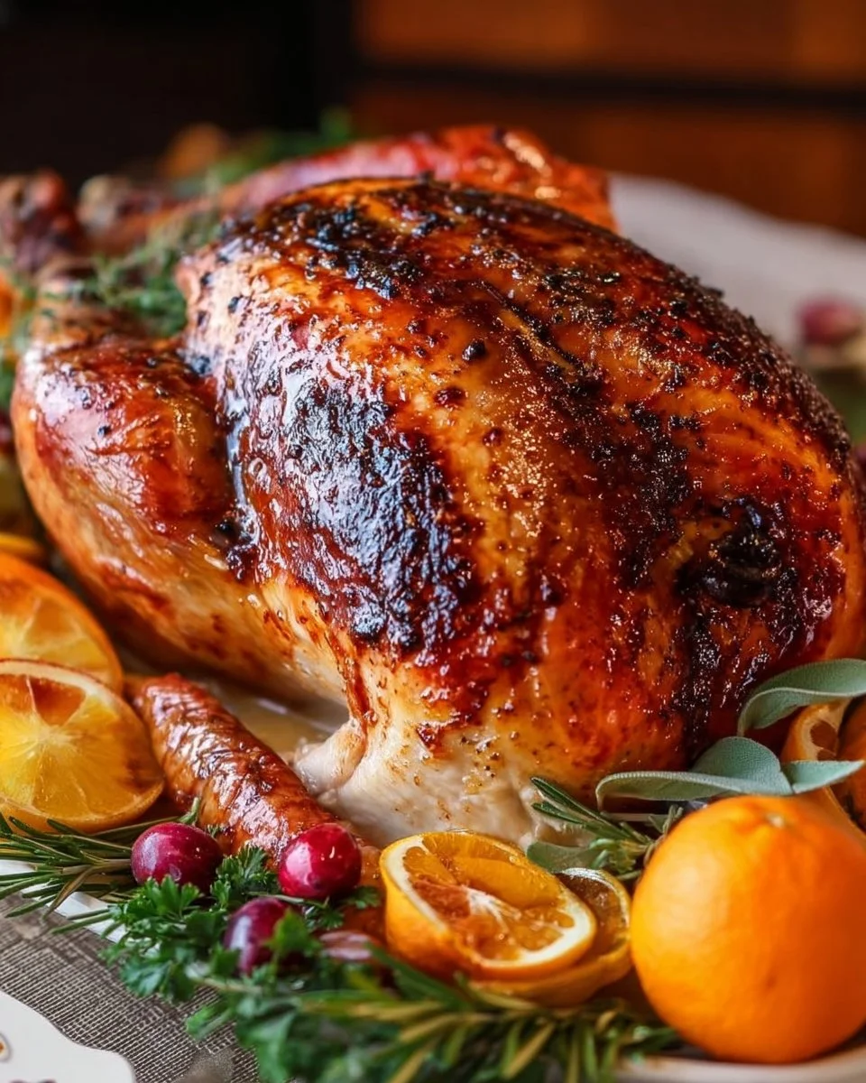 Juicy Thanksgiving Turkey freshly roasted and served with traditional sides.